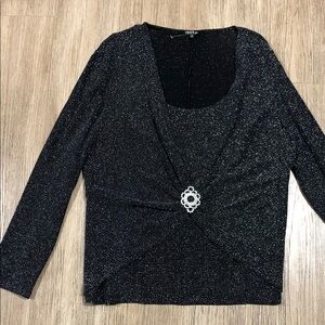 New Onyx Nite Black Sparkle Blouse with Jewel Accent 1XL